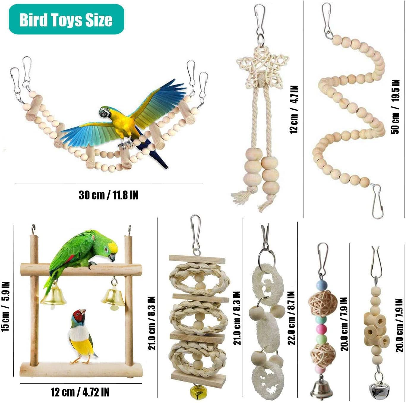 8-Pack Parrot Swing and Chewing Toys with Hanging Bells for Small Birds including Parakeets, Conures, Lovebirds, Cockatiels, Macaws, and Finches