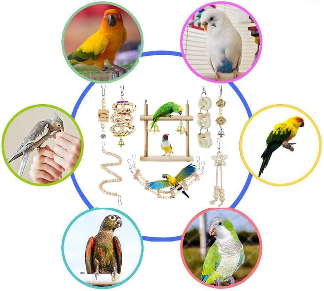 8-Pack Parrot Swing and Chewing Toys with Hanging Bells for Small Birds including Parakeets, Conures, Lovebirds, Cockatiels, Macaws, and Finches
