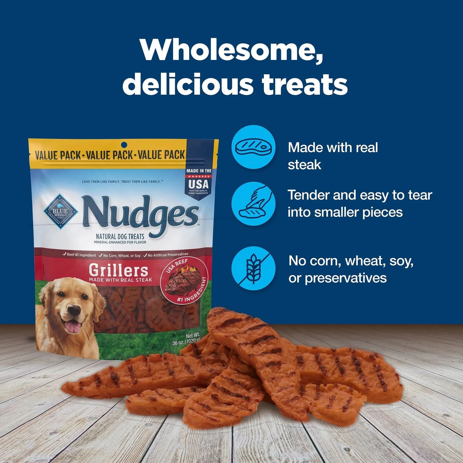 Nudges Grillers Natural Dog Treats, Steak, 36-Oz. Bag