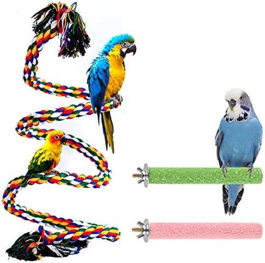 Bird Perch Stand Set - 3 Rope Perches for Parakeets, Cockatiels, Conures, Macaws, Lovebirds, and Finches