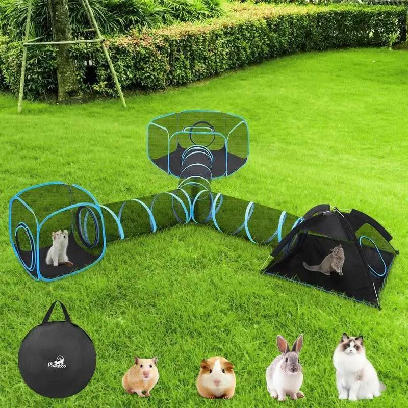 Outdoor Cat Enclosures for Indoor, Patio Portable Mesh Tent, Tunnel, Playhouse with Free Carry Bag & Metal Rod for Multiple Cats and Small Animals, Includes Playpen+2 Tents+Tunnel