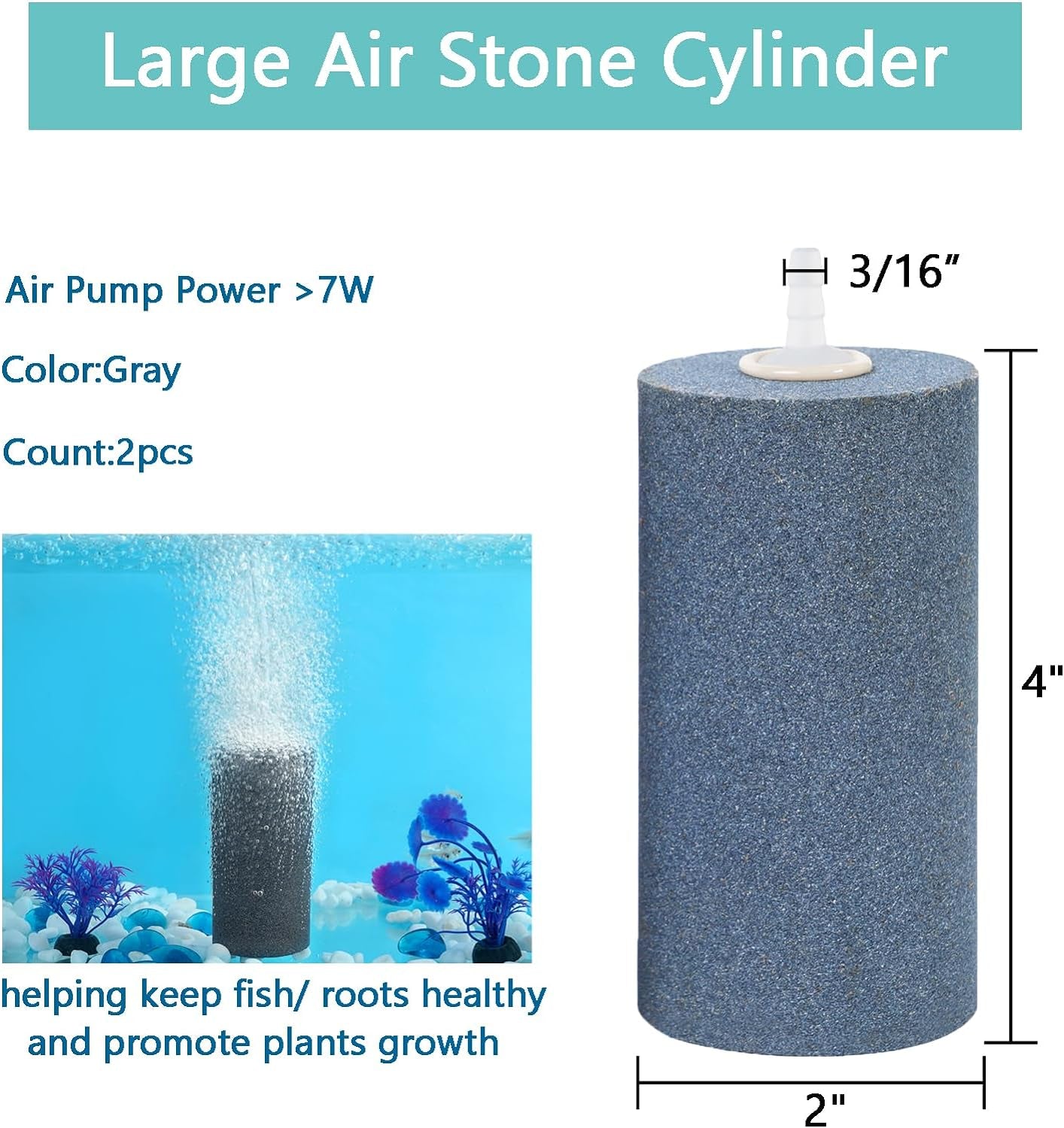 4x2 Inch Aquarium Air Stone - 2 Pack, Large Airstone Aerator Bubble Diffuser for Aquariums, Hydroponics, Ponds, and Fish Tanks