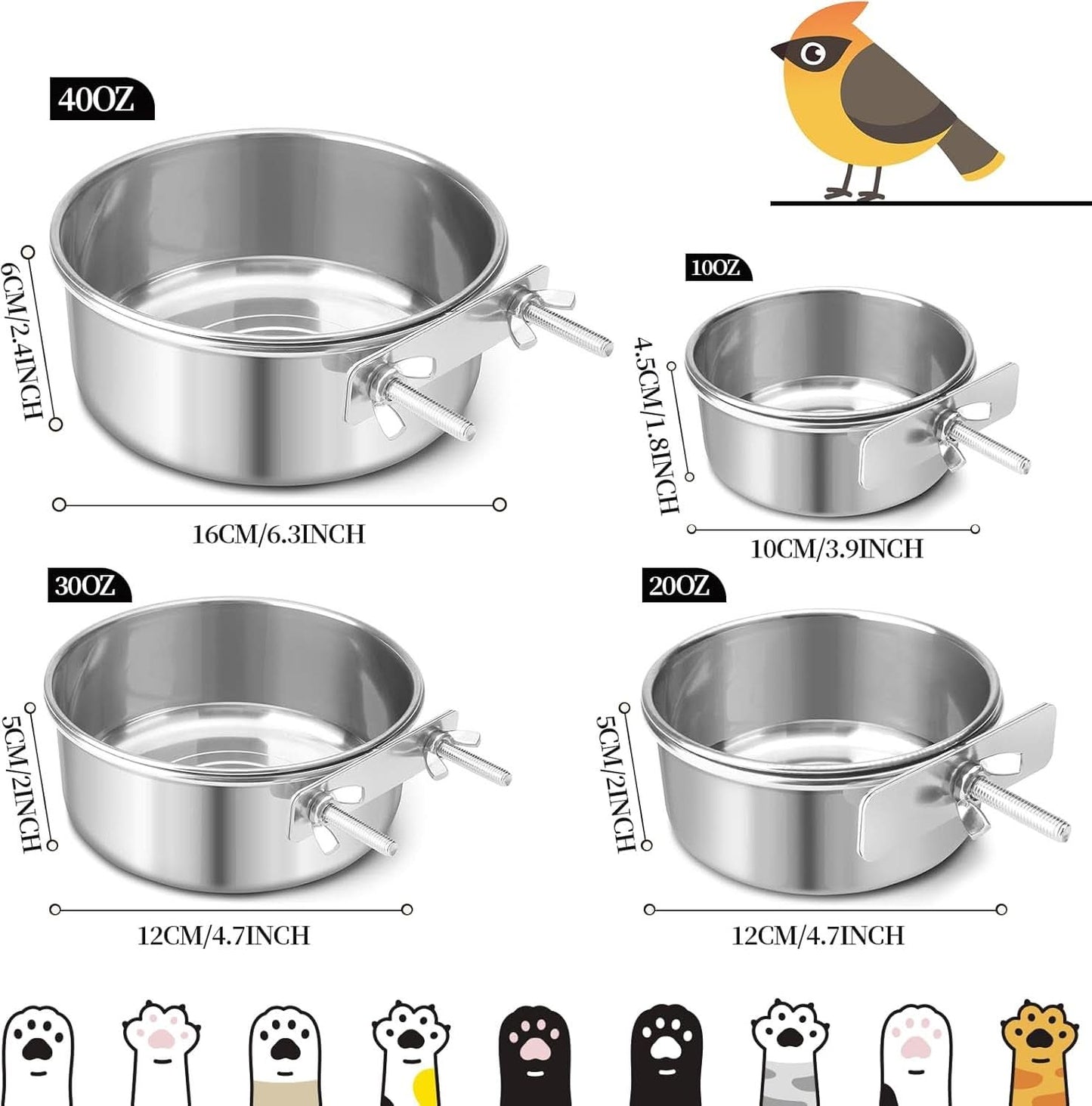Stainless Steel Bird Cage Feeder and Water Bowl, 40Oz Clip-On Food Cup for Parrots, Hamsters, Rabbits, and Small Animals