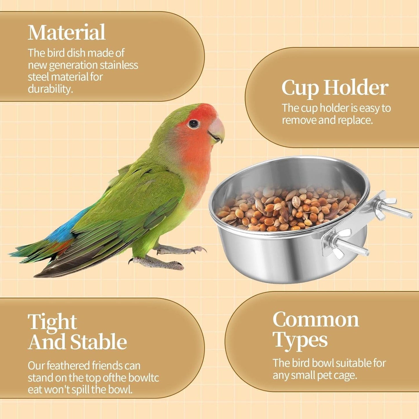 Stainless Steel Bird Cage Feeder and Water Bowl, 40Oz Clip-On Food Cup for Parrots, Hamsters, Rabbits, and Small Animals