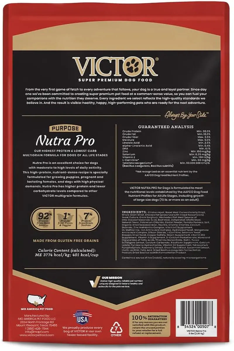 Super Premium Dog Food - Purpose Nutra Pro - Gluten-Free, High Protein, Low Carb Dry Kibble for Active Dogs of All Ages - Suitable for Sporting, Pregnant, Nursing Dogs and Puppies, 5 lbs