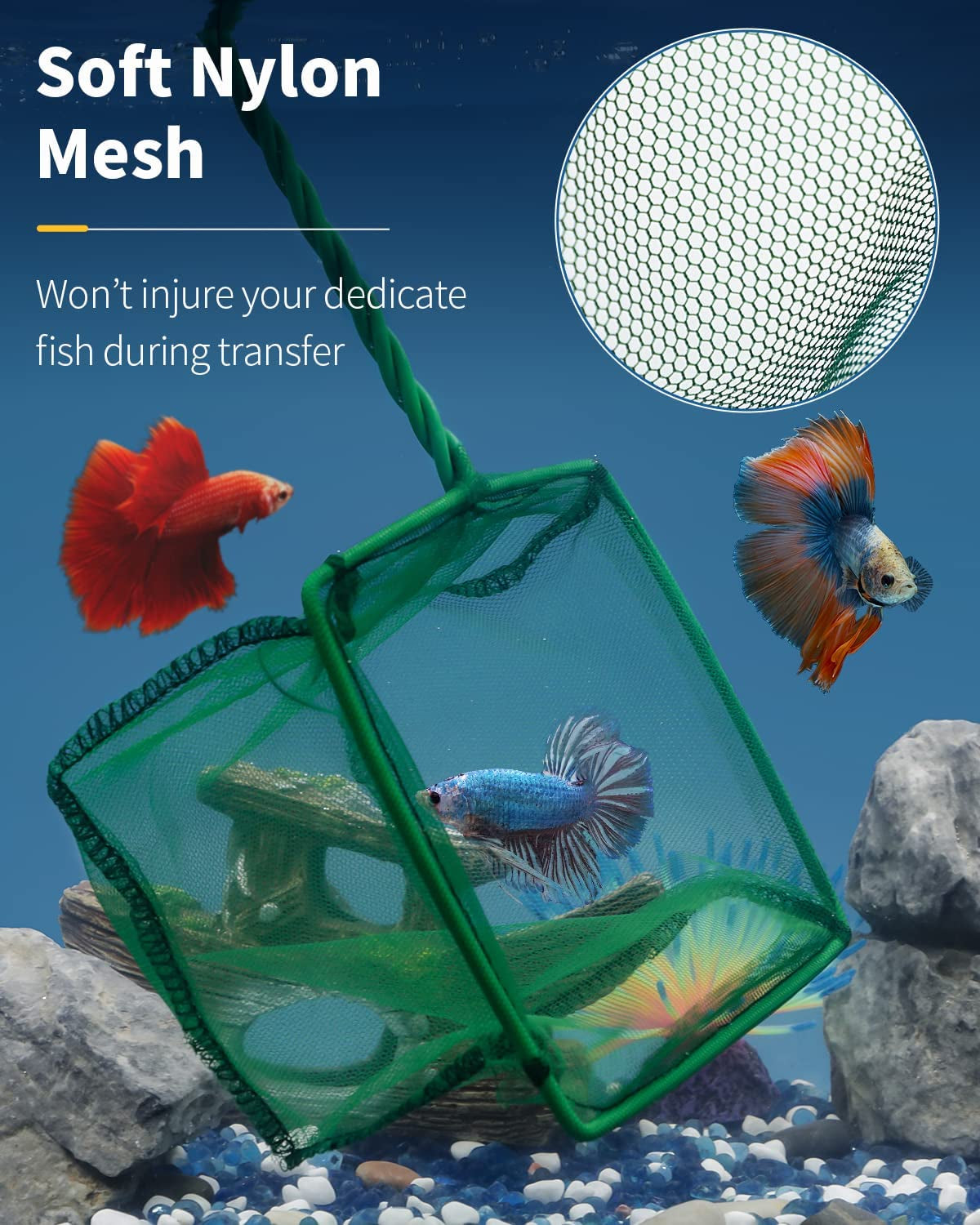 Aquarium Fish Net with Braided Metal Handle - Square Soft Fine Mesh Net for Skimming Sludge, Food Residue, and Waste in Fish Tanks, Small Koi Ponds, and Pools