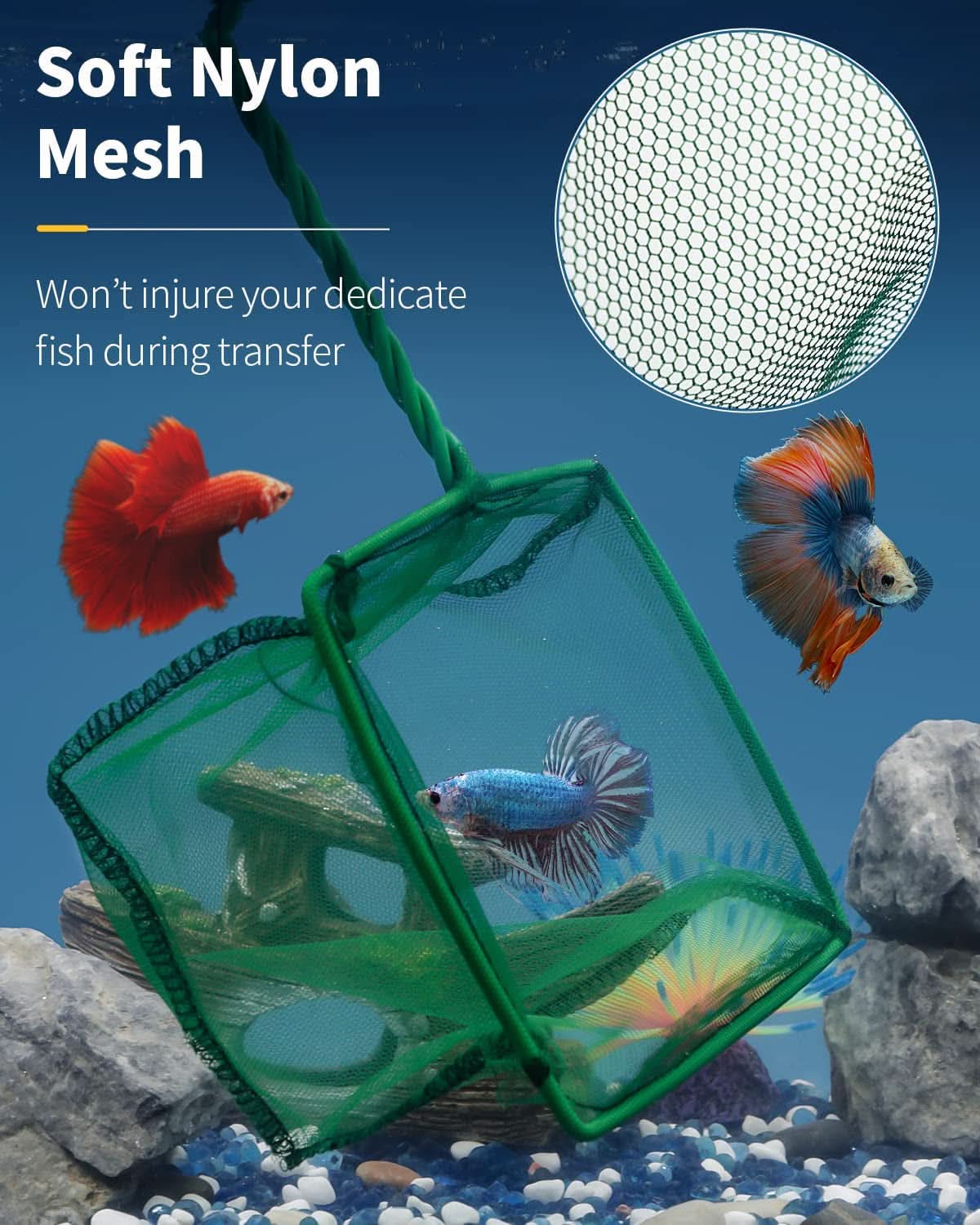 Aquarium Fish Net with Braided Metal Handle - Square Soft Fine Mesh Net for Skimming Sludge, Food Residue, and Waste in Fish Tanks, Small Koi Ponds, and Pools
