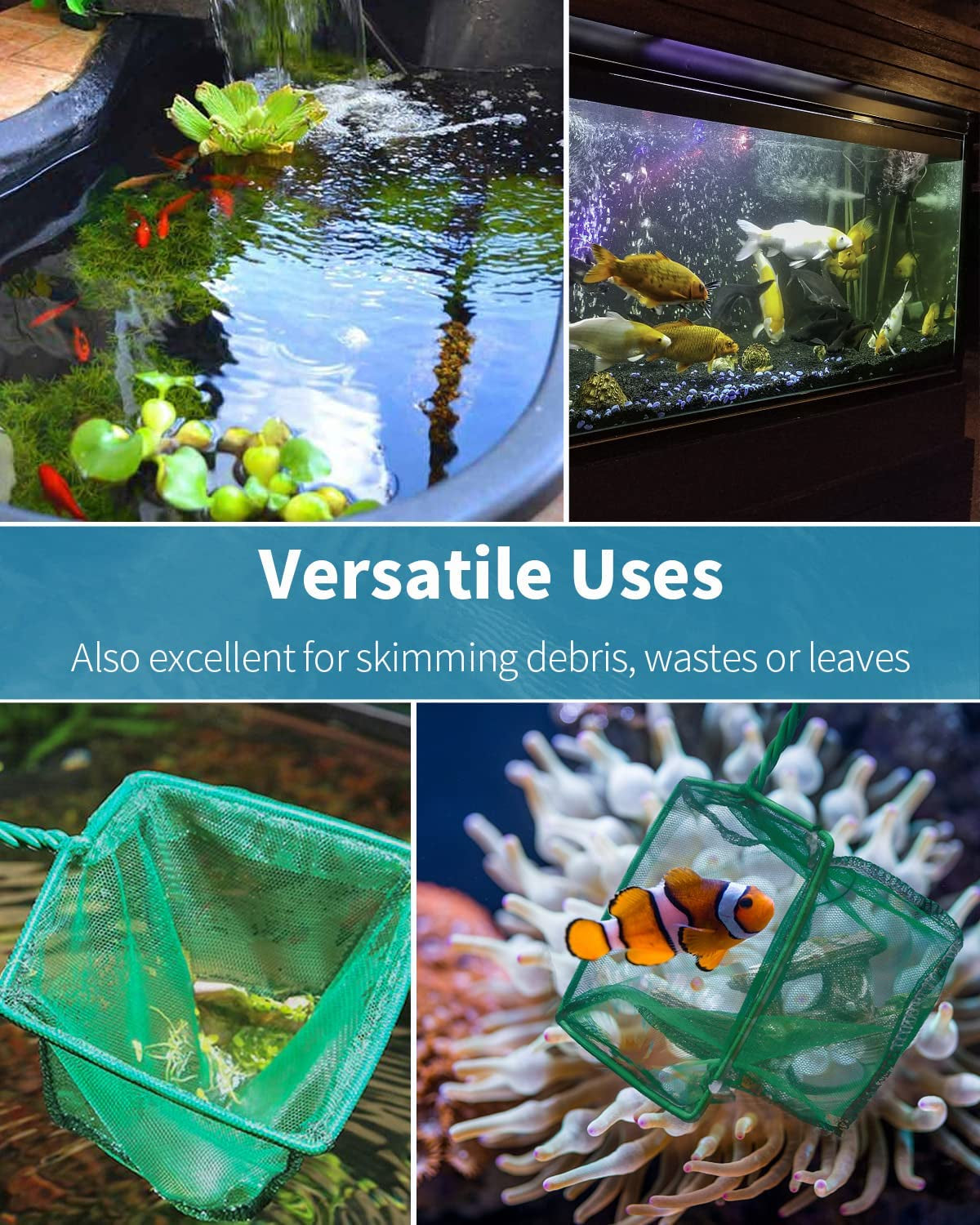 Aquarium Fish Net with Braided Metal Handle - Square Soft Fine Mesh Net for Skimming Sludge, Food Residue, and Waste in Fish Tanks, Small Koi Ponds, and Pools