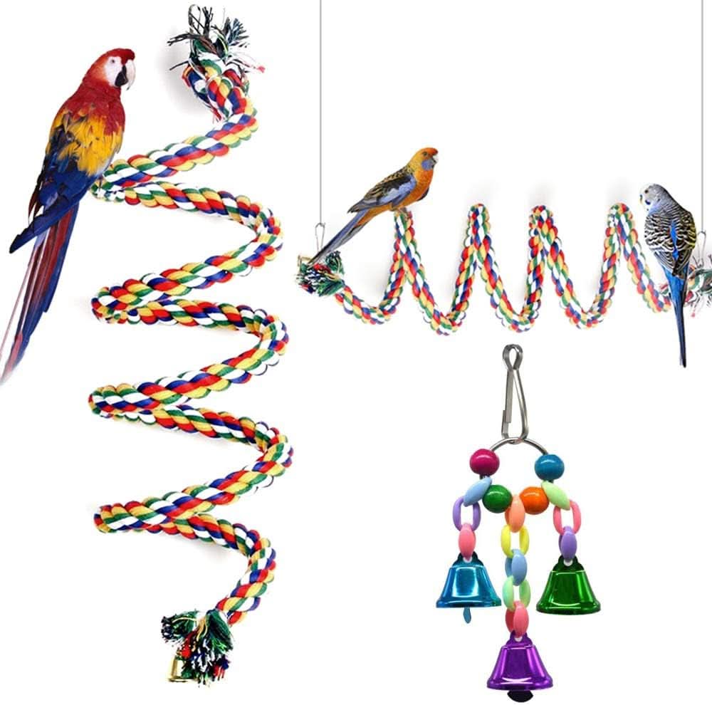 Cotton Rope Parrot Perch with Bell - 63" Climbing Stand Bar and Bungee Toy for Birds