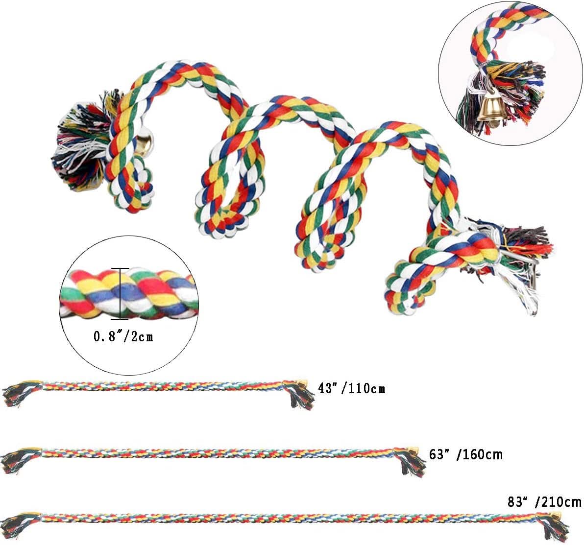 Cotton Rope Parrot Perch with Bell - 63" Climbing Stand Bar and Bungee Toy for Birds
