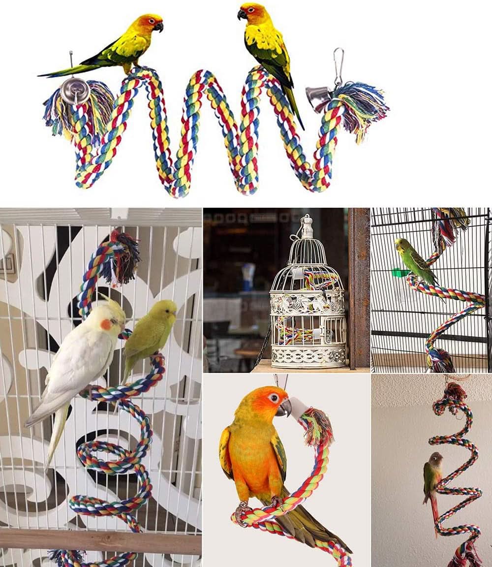 Cotton Rope Parrot Perch with Bell - 63" Climbing Stand Bar and Bungee Toy for Birds