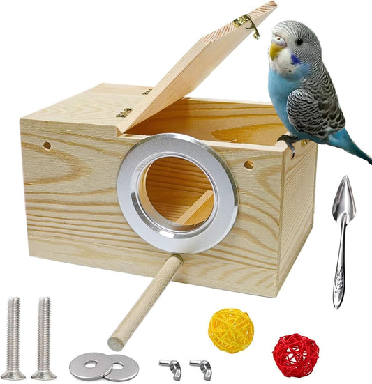 Wooden Bird Nesting Box with Perch for Parakeets, Lovebirds, Parrots, Finches, and Sparrows - Dimensions: 7.8" x 4.7" x 4.7