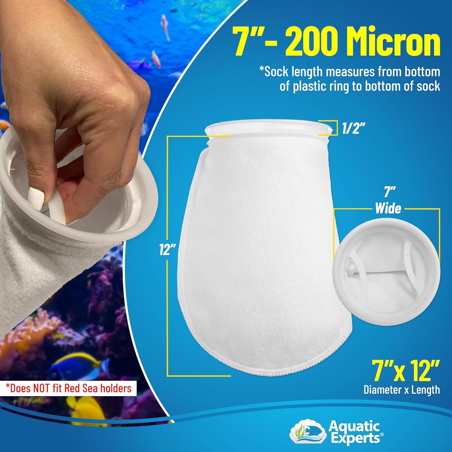 7-Inch 200 Micron Filter Socks for Saltwater Aquariums - Sump and Reef Applications (8 Pack, 7" x 12")