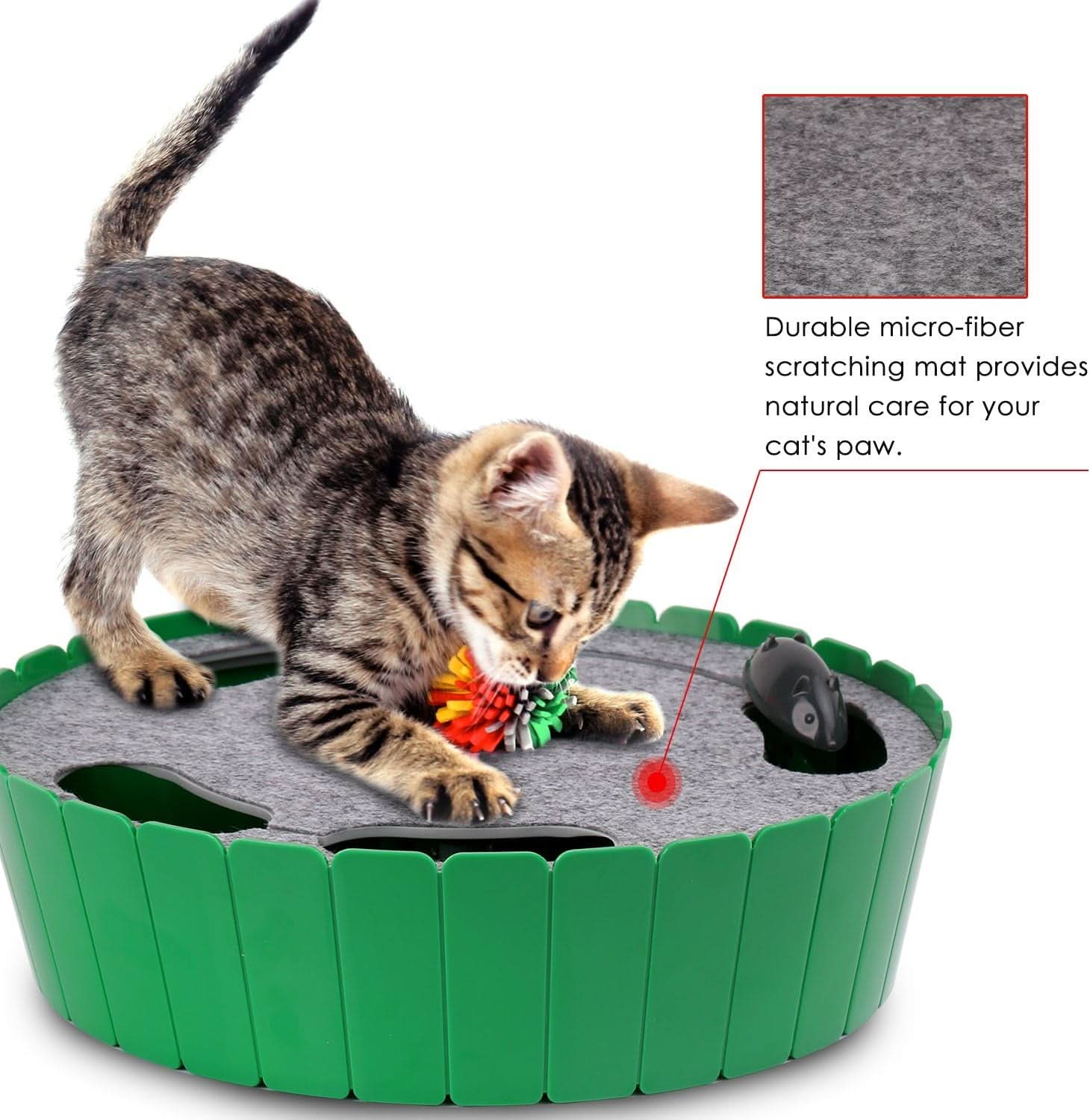 Interactive Cat Toy with Running Mouse - Automatic Electronic Teaser for Indoor Cats, Engaging Hide and Seek Play for Kittens and Adult Cats, Green