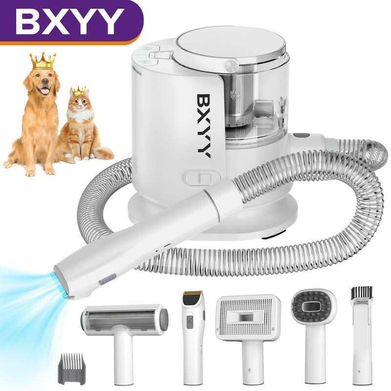 BXYY Professional Dog Grooming Kit and 5-in-1 Pet Vacuum with 99% Suction, 1.5L Dust Cup, Shedding Brush, Electric Clipper, and Hair Remover Roller for Dogs and Cats