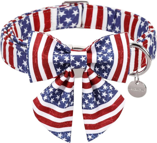 Patriotic Dog Collar with Bow Tie for 4th of July - American Flag Design for Medium Dogs - Comfortable Summer Collar with Metal Buckle
