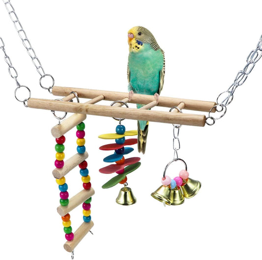 Natural Wood Bird Ladder and Swing Hammock Toy for Small Parrots, Parakeets, Cockatiels, African Greys, Cockatoos, Conures, and Finches - Cage Accessories (B)