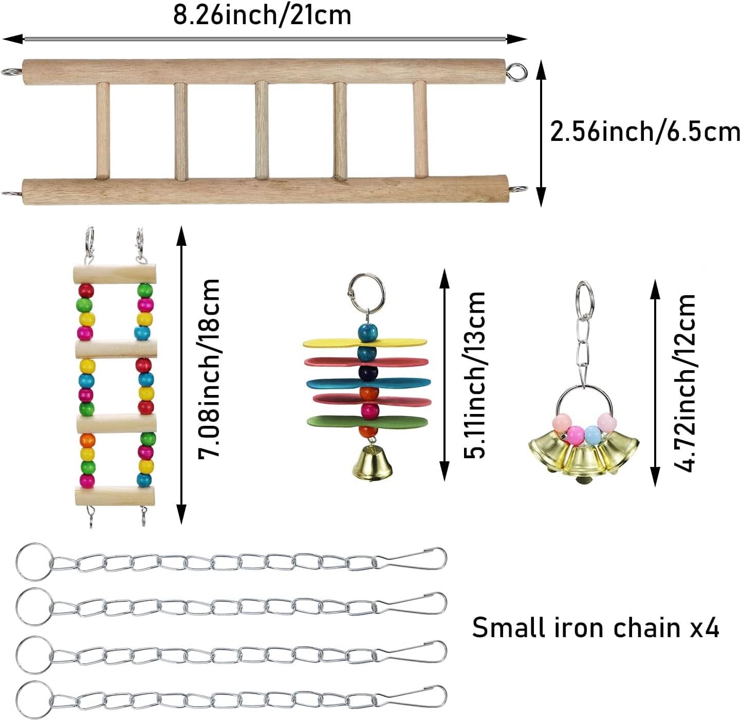 Natural Wood Bird Ladder and Swing Hammock Toy for Small Parrots, Parakeets, Cockatiels, African Greys, Cockatoos, Conures, and Finches - Cage Accessories (B)