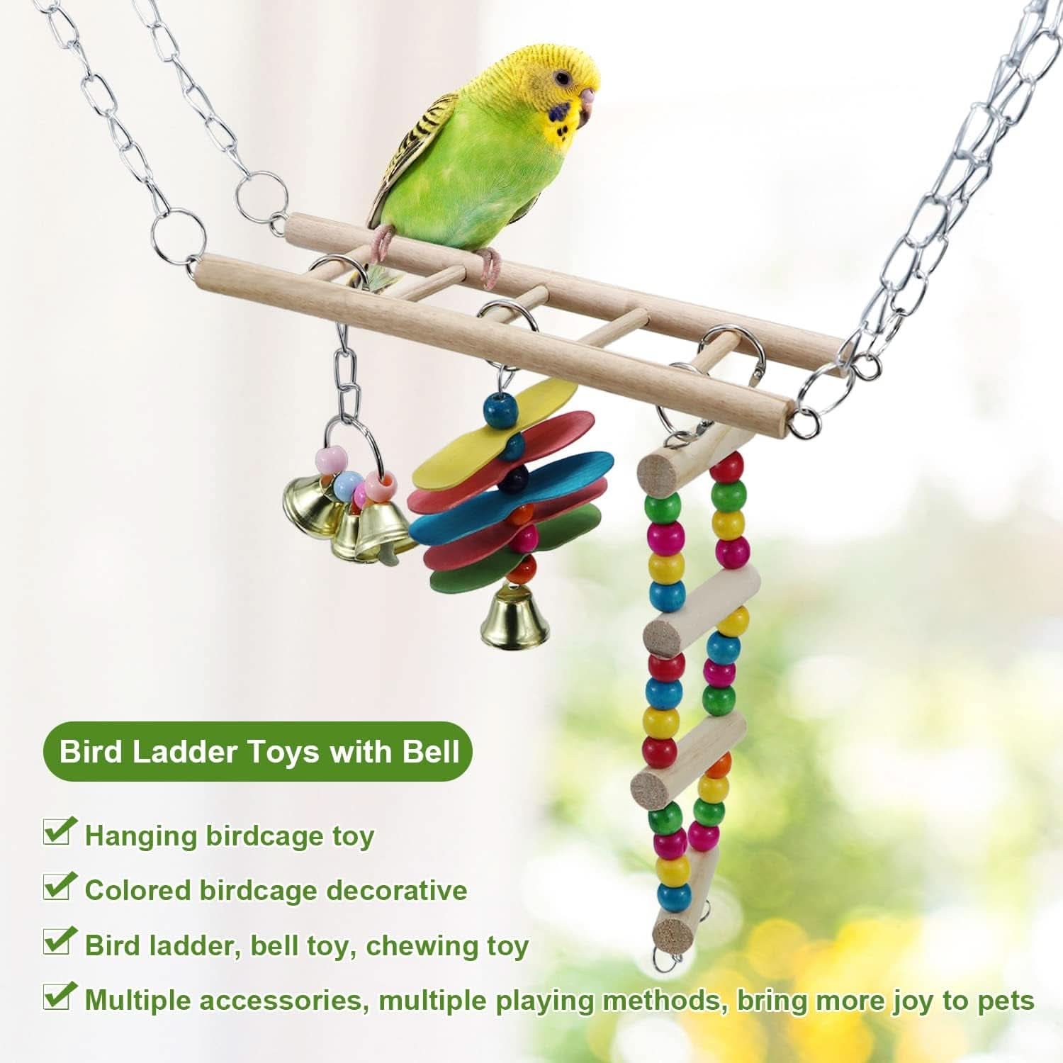 Natural Wood Bird Ladder and Swing Hammock Toy for Small Parrots, Parakeets, Cockatiels, African Greys, Cockatoos, Conures, and Finches - Cage Accessories (B)