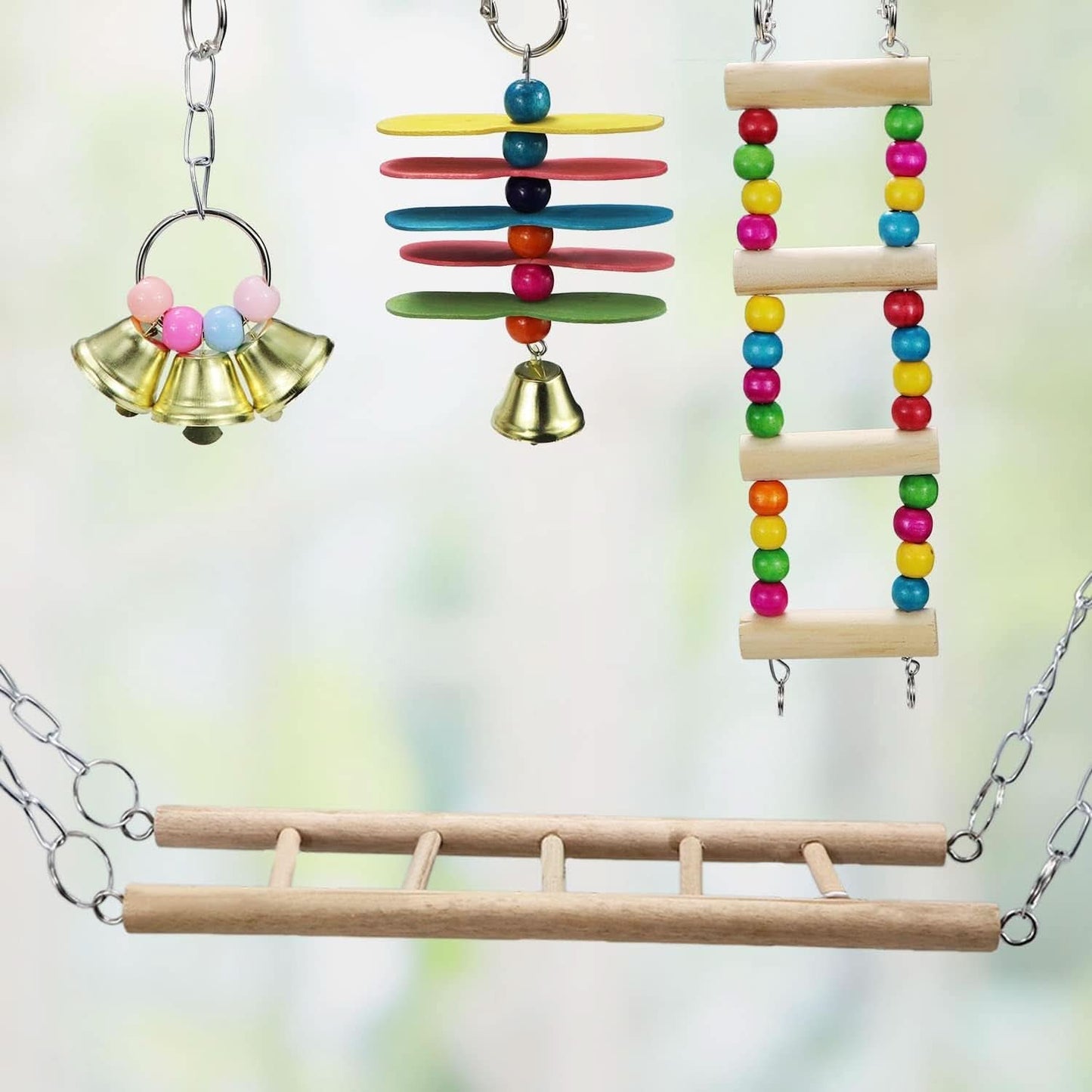 Natural Wood Bird Ladder and Swing Hammock Toy for Small Parrots, Parakeets, Cockatiels, African Greys, Cockatoos, Conures, and Finches - Cage Accessories (B)