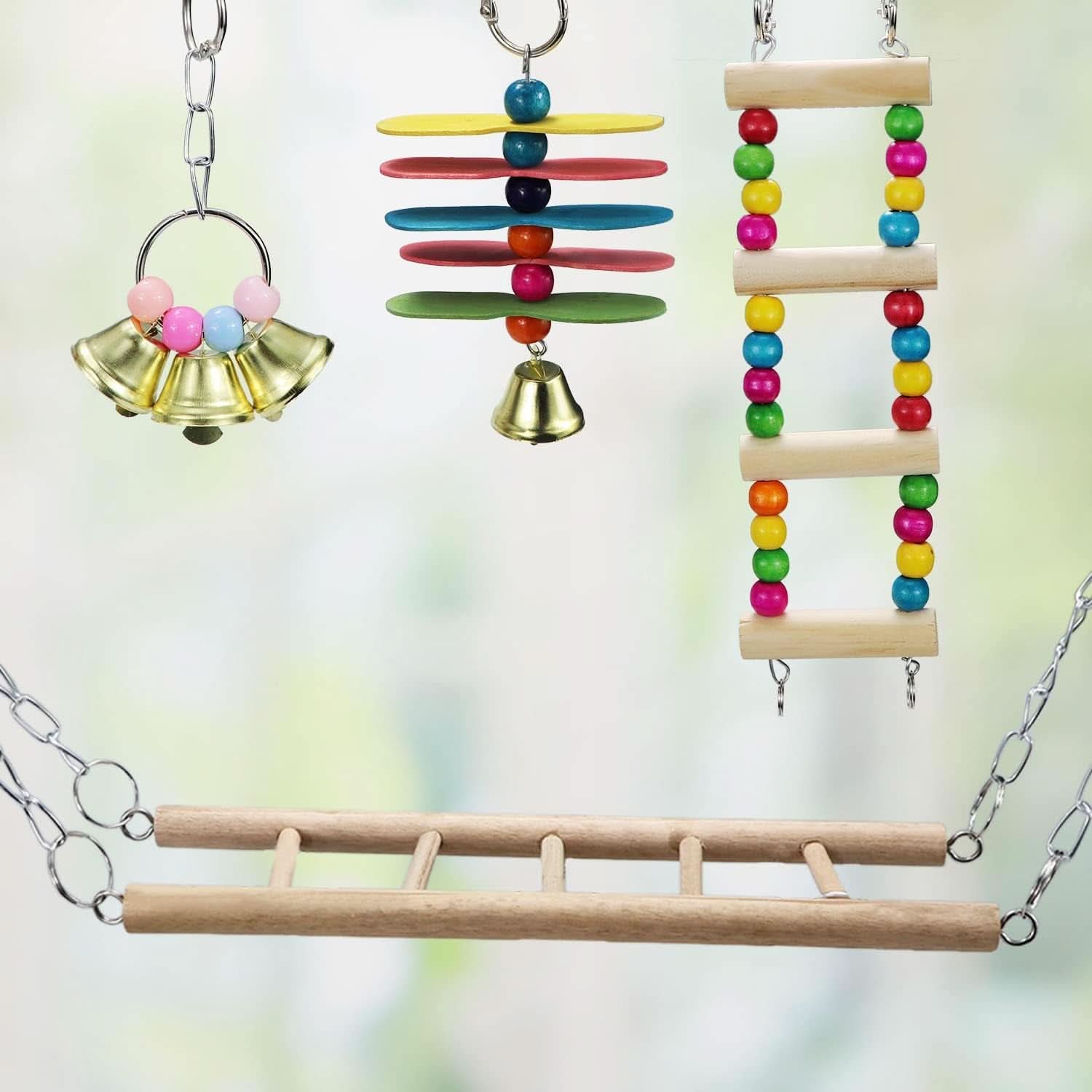 Natural Wood Bird Ladder and Swing Hammock Toy for Small Parrots, Parakeets, Cockatiels, African Greys, Cockatoos, Conures, and Finches - Cage Accessories (B)