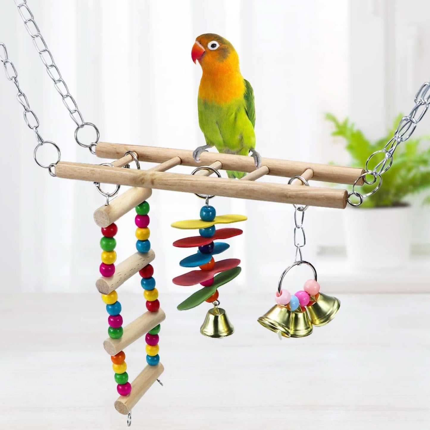 Natural Wood Bird Ladder and Swing Hammock Toy for Small Parrots, Parakeets, Cockatiels, African Greys, Cockatoos, Conures, and Finches - Cage Accessories (B)