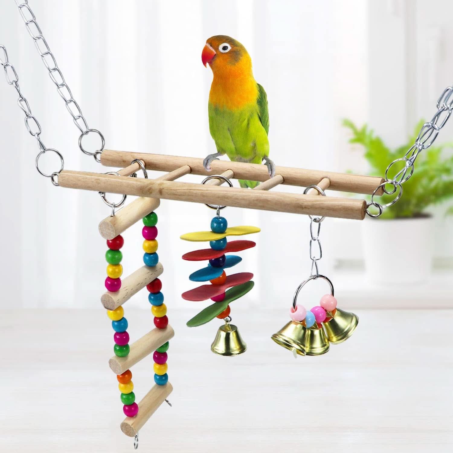 Natural Wood Bird Ladder and Swing Hammock Toy for Small Parrots, Parakeets, Cockatiels, African Greys, Cockatoos, Conures, and Finches - Cage Accessories (B)