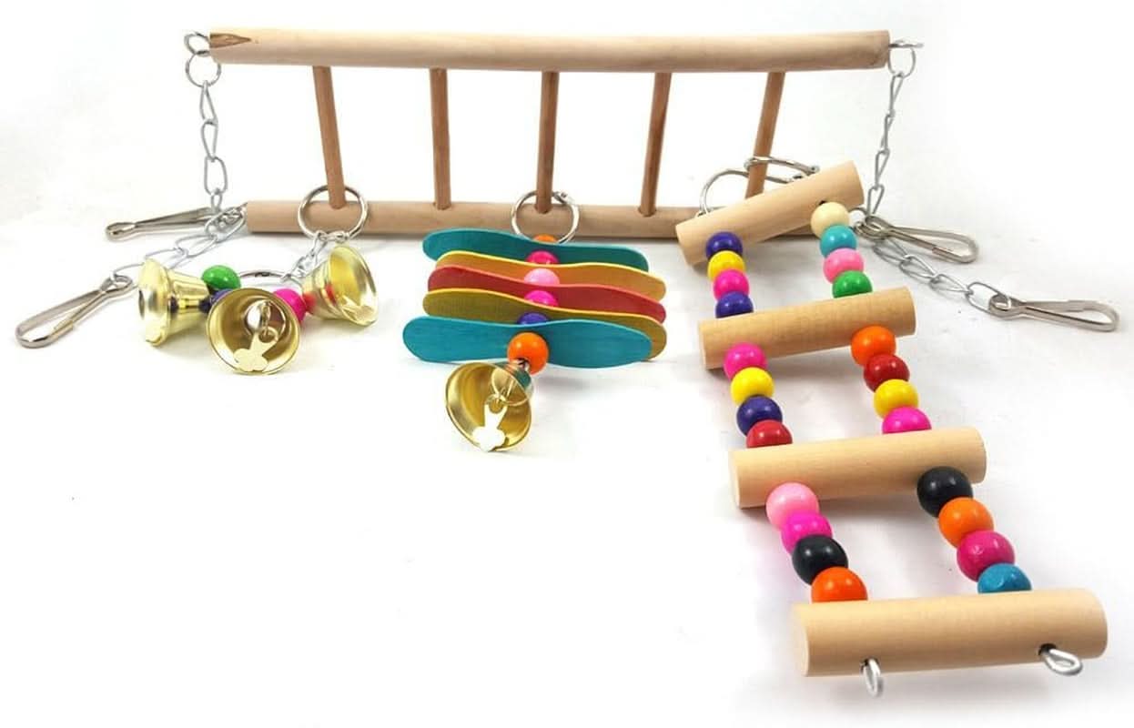 Natural Wood Bird Ladder and Swing Hammock Toy for Small Parrots, Parakeets, Cockatiels, African Greys, Cockatoos, Conures, and Finches - Cage Accessories (B)