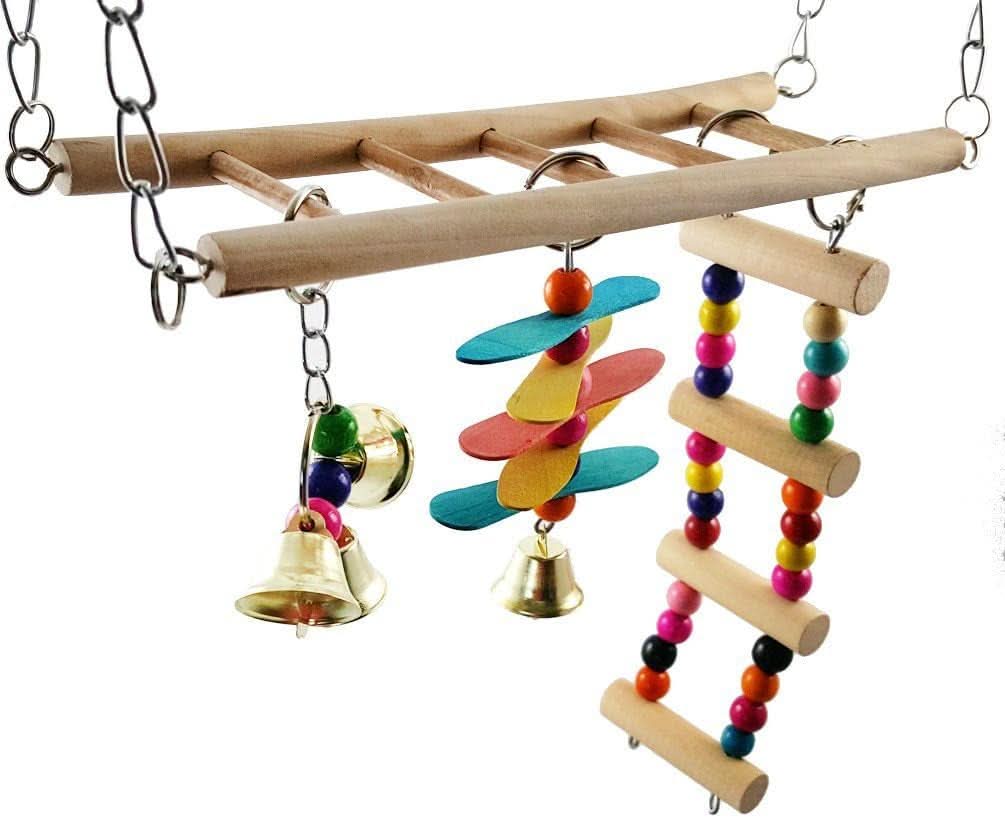 Natural Wood Bird Ladder and Swing Hammock Toy for Small Parrots, Parakeets, Cockatiels, African Greys, Cockatoos, Conures, and Finches - Cage Accessories (B)