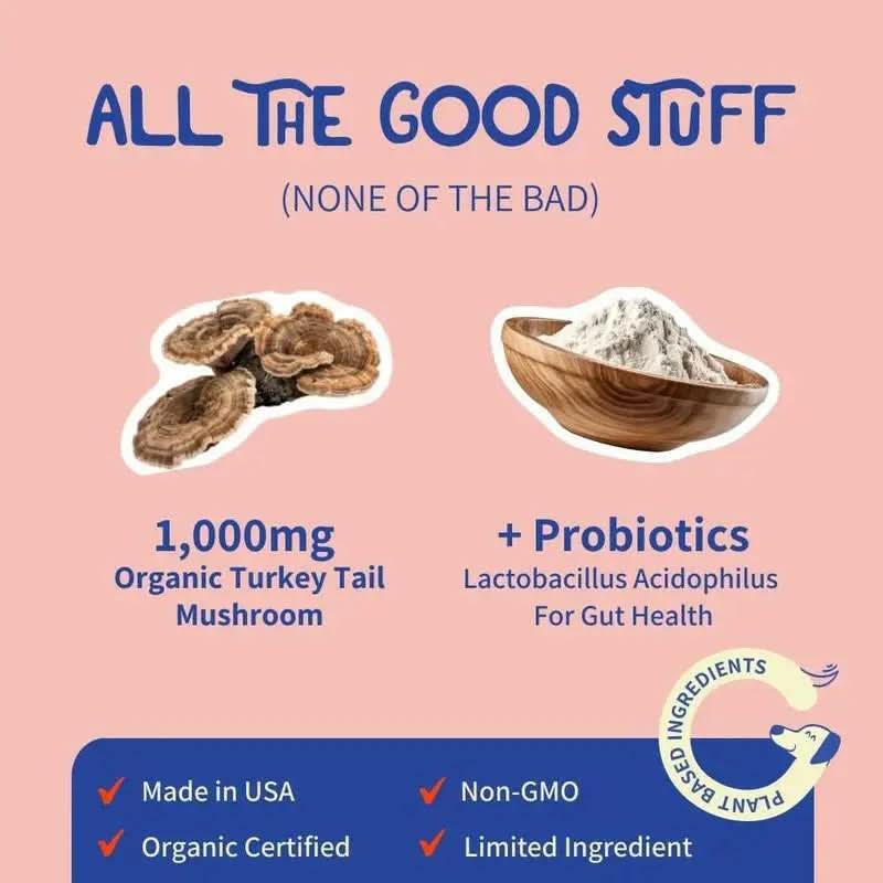 Fifth & Fido Turkey Tail+ - Dog Food Topper with Probiotics for Lipomas, Immune Support & Gut Health - 100 Servings - Bacon Flavor - Natural Allergy Relief - Supplements