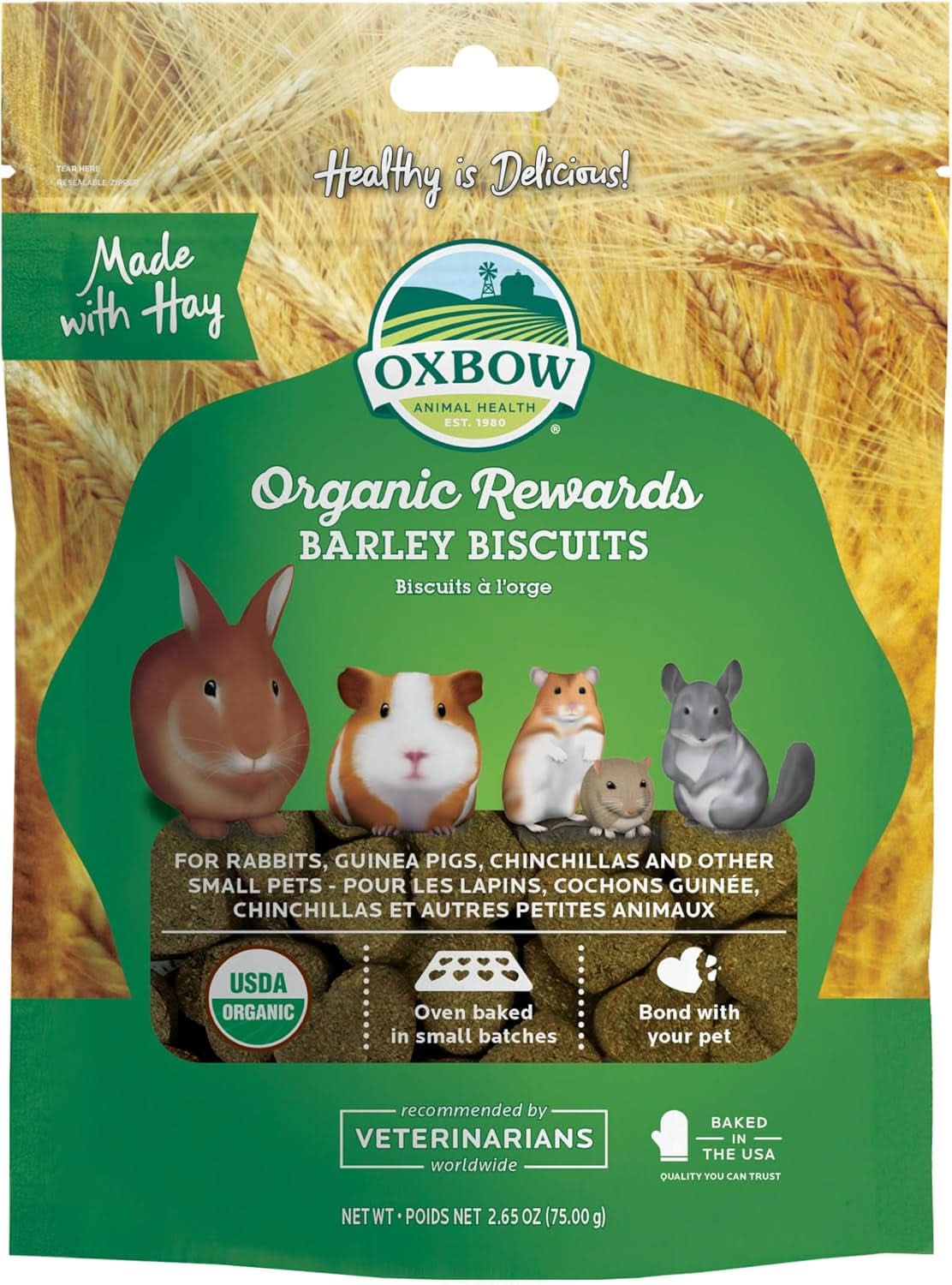 Animal Health Organic Barley Biscuit Treats for Guinea Pigs and Rabbits - Carrot and Apple Flavor, 2.65 Oz Bag