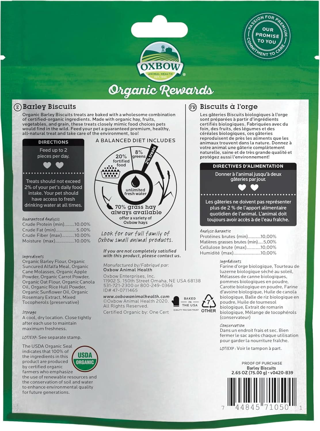 Animal Health Organic Barley Biscuit Treats for Guinea Pigs and Rabbits - Carrot and Apple Flavor, 2.65 Oz Bag