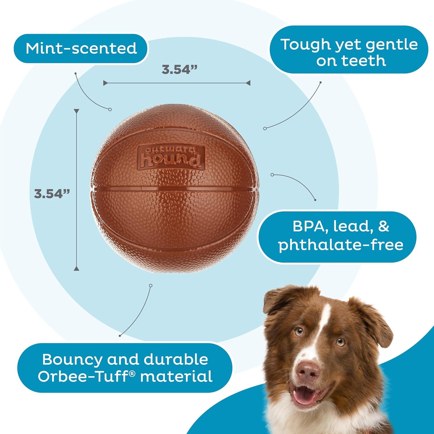 Planet Dog Basketball - Durable Treat-Dispensing Dog Ball, Interactive Fetch Toy, Orbee-Tuff Material, Mint Scented, BPA-Free, Suitable for Indoor and Outdoor Play, Brown