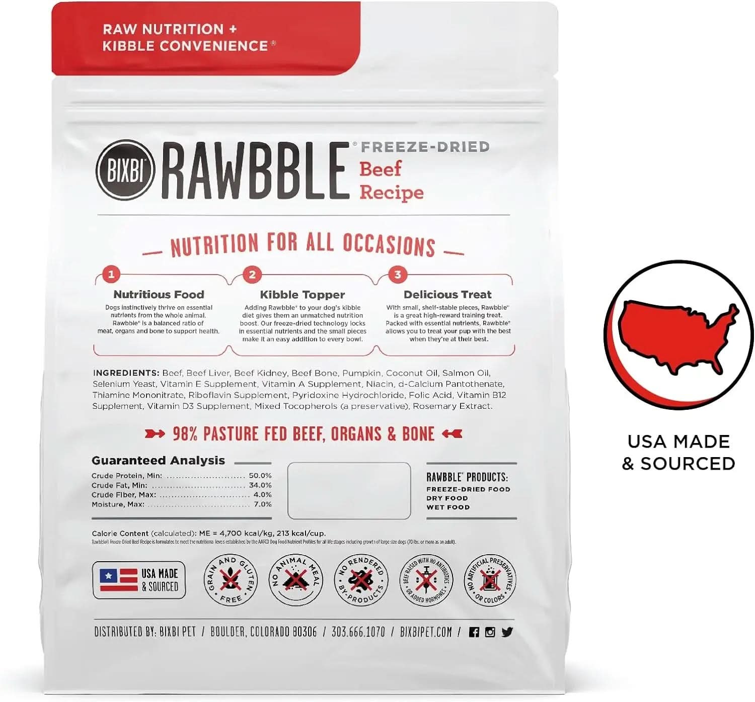 Rawbble Freeze-Dried Dog Food, Beef Recipe, 12 Oz - 98% Meat and Organs, No Fillers - Convenient Raw Dog Food for Meals, Treats, or Food Toppers - Made in the USA in Small Batches