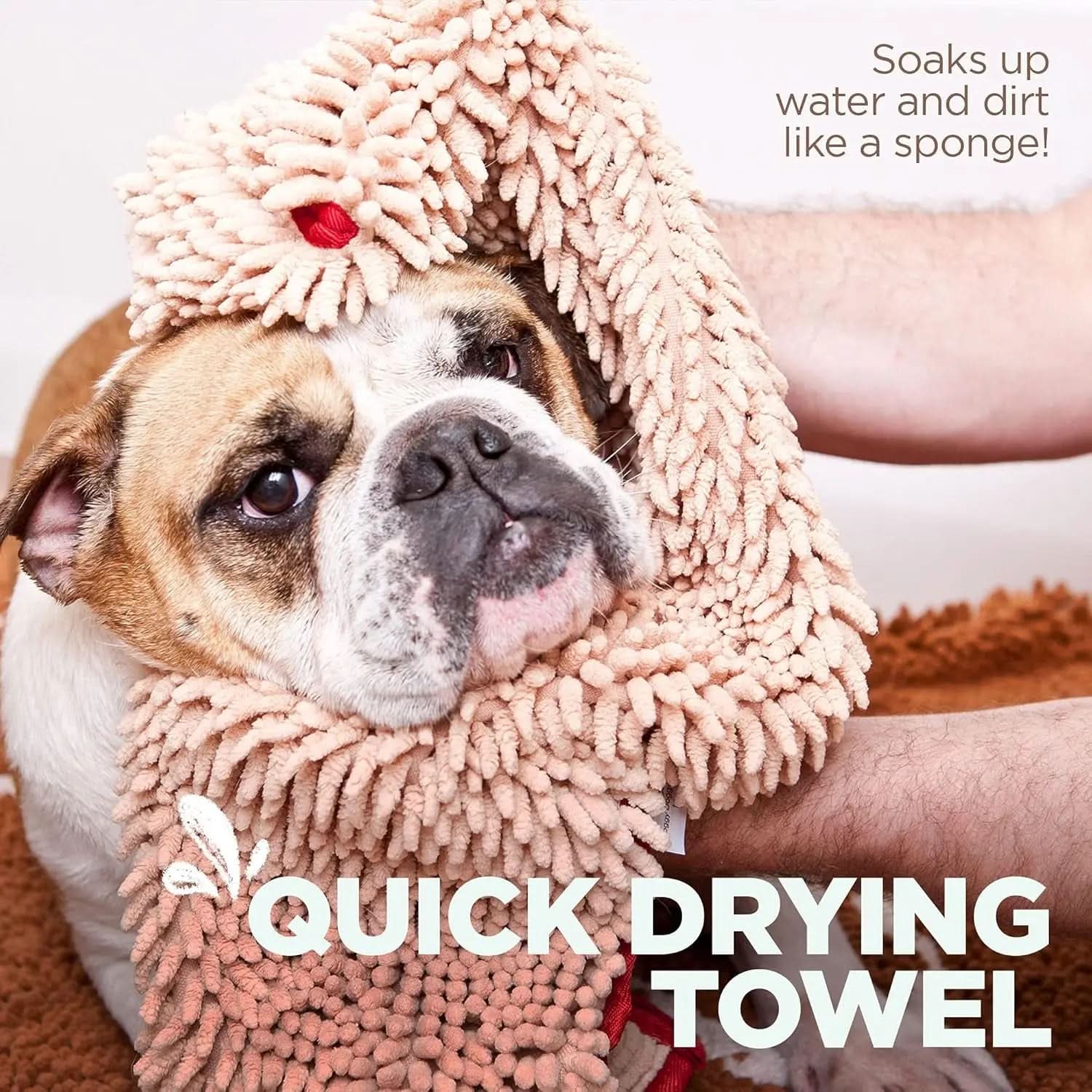 Soggy Doggy Super Shammy Microfiber Chenille Towel for Efficient Dog Drying and Paw Cleaning - Quick-Dry Design with Hand Pockets (Beige/Red Trim, 31” x 14”)