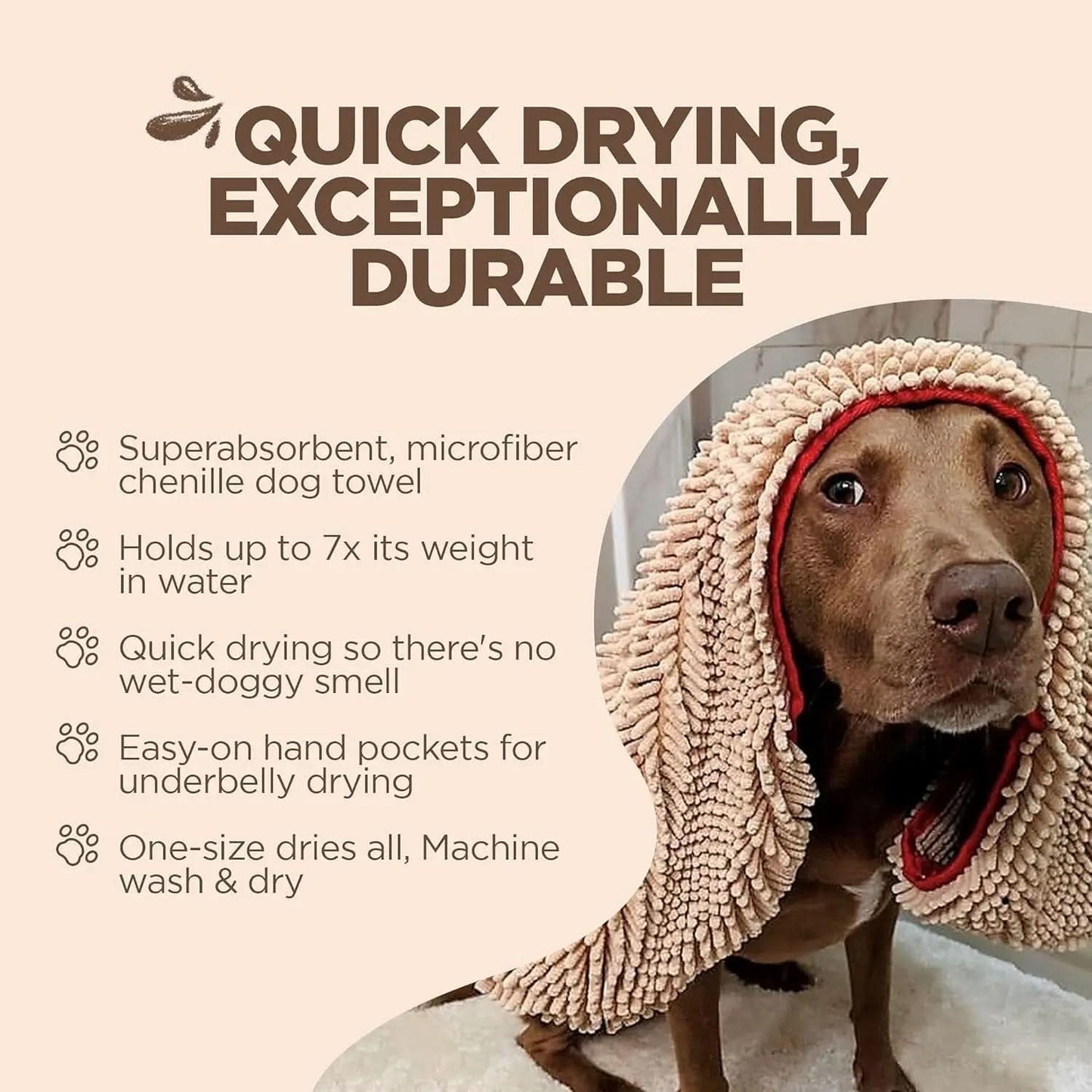 Soggy Doggy Super Shammy Microfiber Chenille Towel for Efficient Dog Drying and Paw Cleaning - Quick-Dry Design with Hand Pockets (Beige/Red Trim, 31” x 14”)