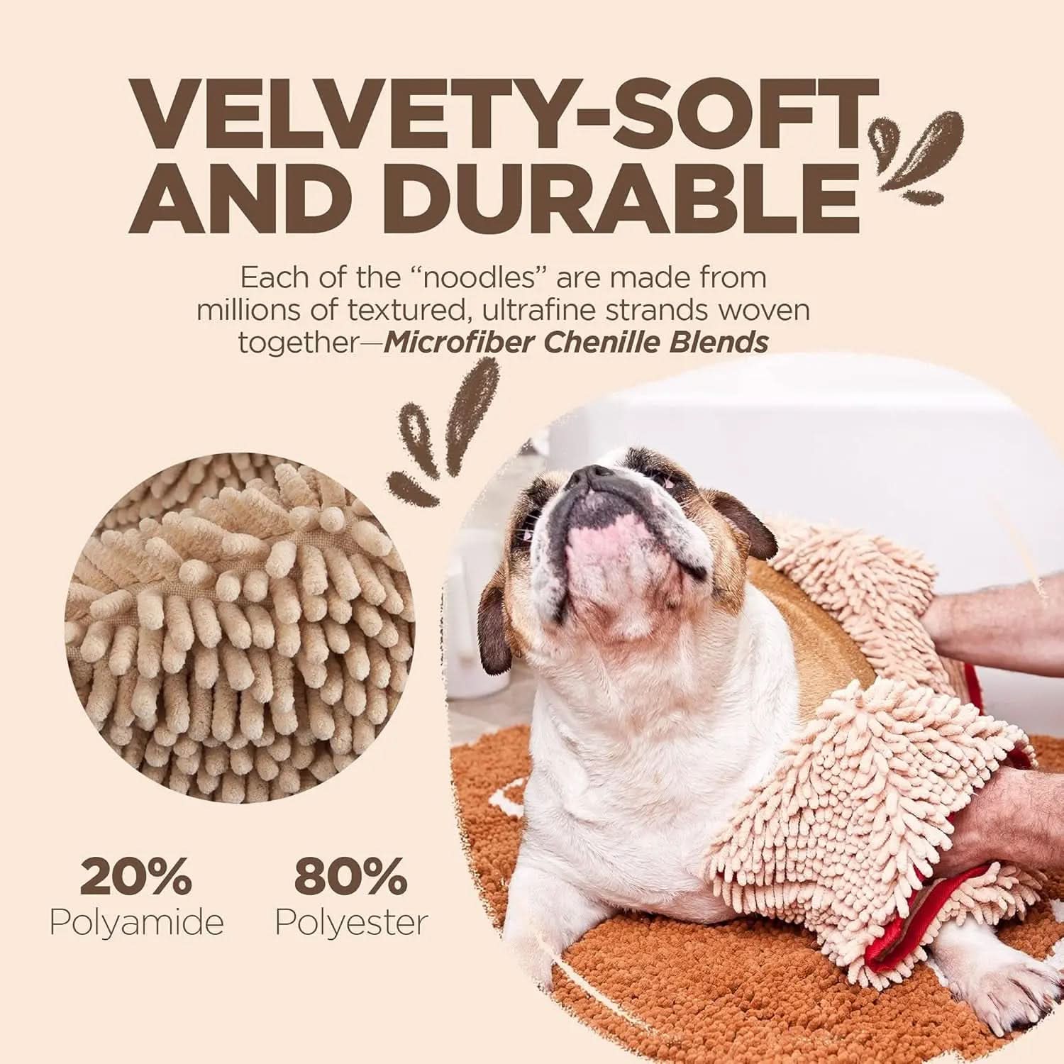 Soggy Doggy Super Shammy Microfiber Chenille Towel for Efficient Dog Drying and Paw Cleaning - Quick-Dry Design with Hand Pockets (Beige/Red Trim, 31” x 14”)