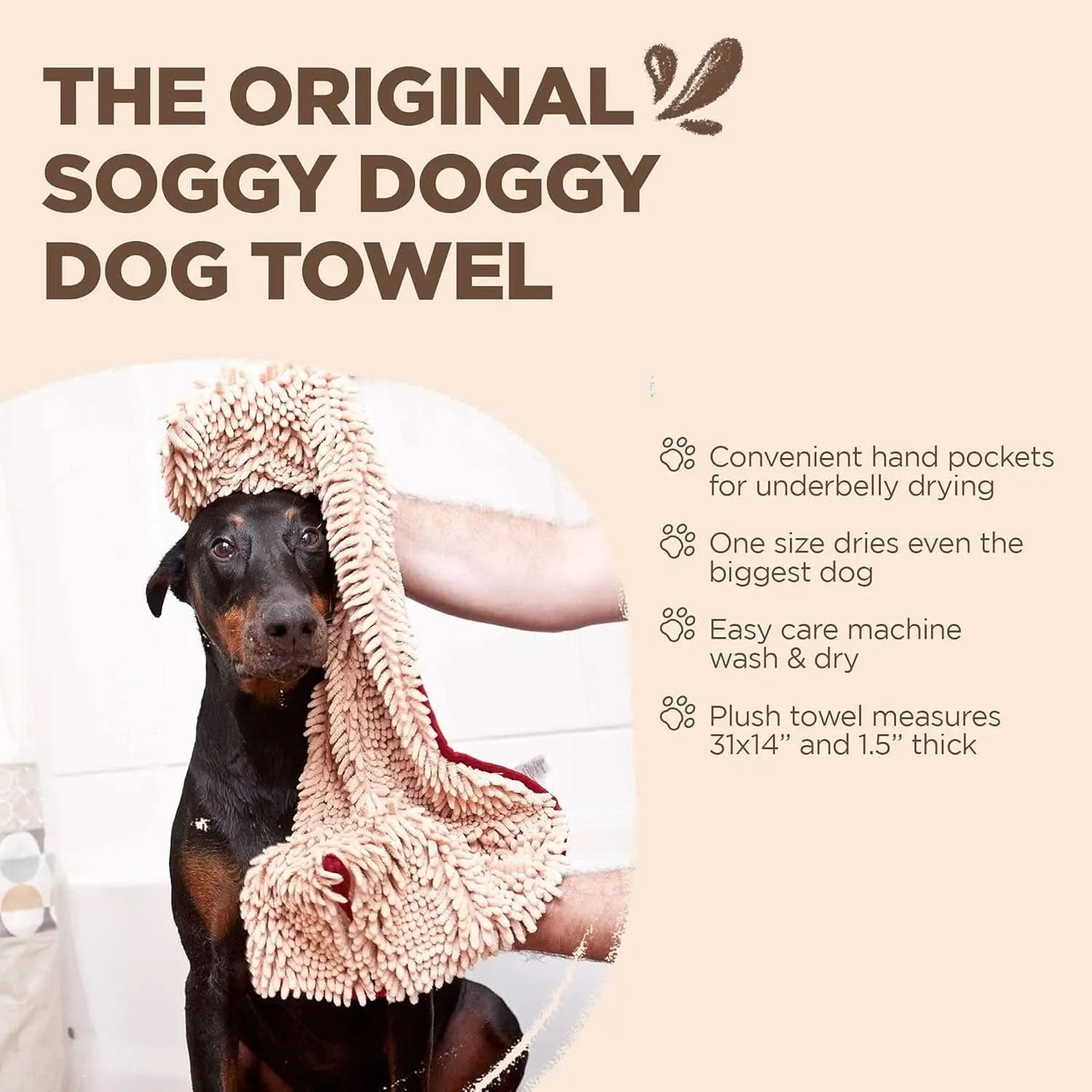 Soggy Doggy Super Shammy Microfiber Chenille Towel for Efficient Dog Drying and Paw Cleaning - Quick-Dry Design with Hand Pockets (Beige/Red Trim, 31” x 14”)