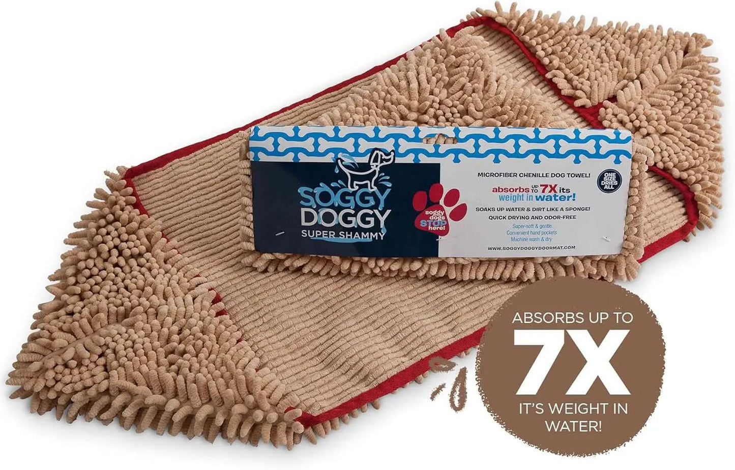 Soggy Doggy Super Shammy Microfiber Chenille Towel for Efficient Dog Drying and Paw Cleaning - Quick-Dry Design with Hand Pockets (Beige/Red Trim, 31” x 14”)
