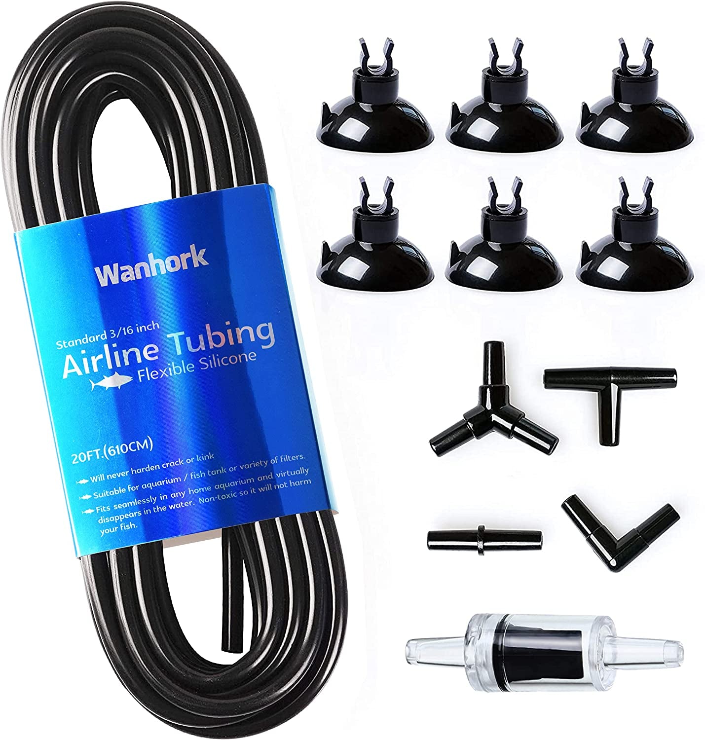 3/16" Professional Flexible Airline Tubing for Aquarium Air Pumps, 20 Feet (Clear-Black)
