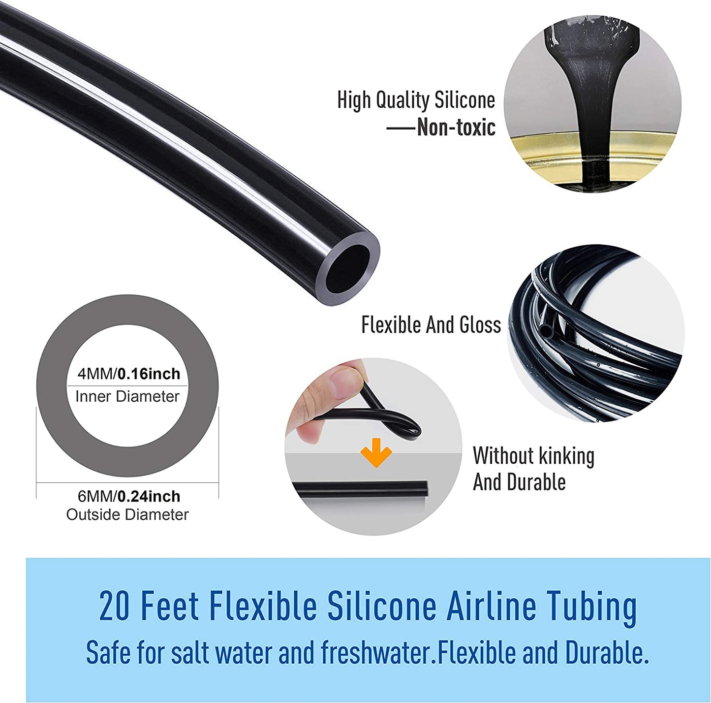 3/16" Professional Flexible Airline Tubing for Aquarium Air Pumps, 20 Feet (Clear-Black)