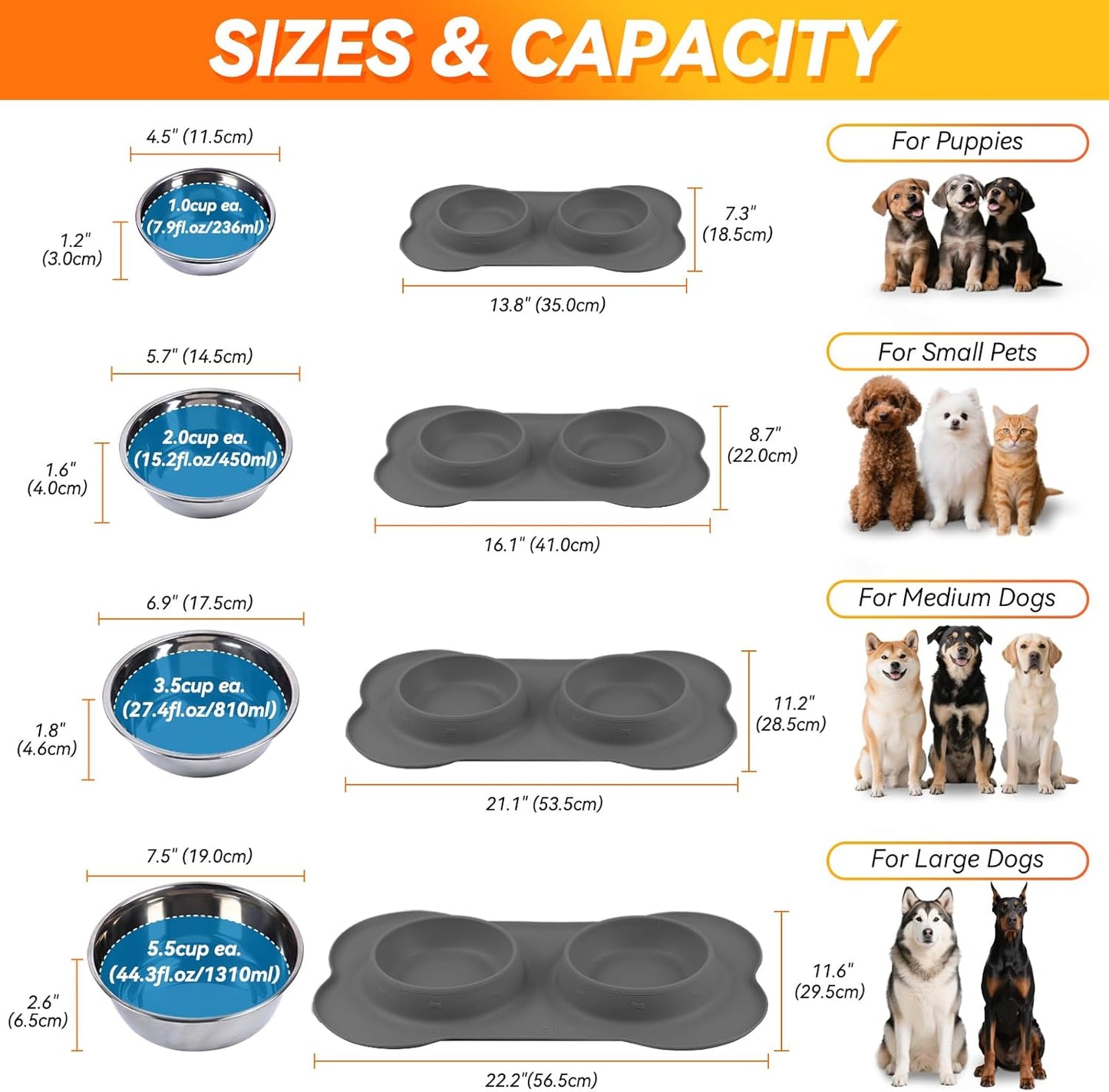 Stainless Steel Dog and Cat Bowls with Non-Spill Skid-Resistant Silicone Mat, Large, Black