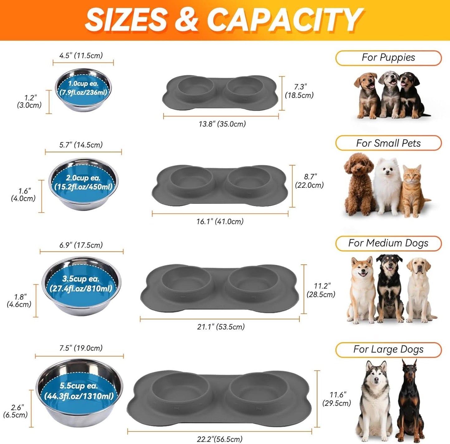 Stainless Steel Dog and Cat Bowls with Non-Spill Skid-Resistant Silicone Mat, Large, Black