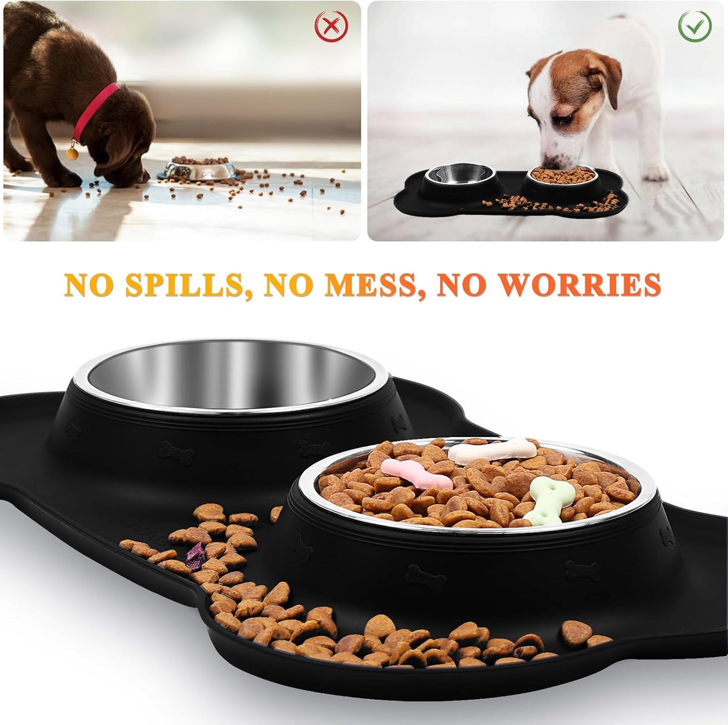 Stainless Steel Dog and Cat Bowls with Non-Spill Skid-Resistant Silicone Mat, Large, Black