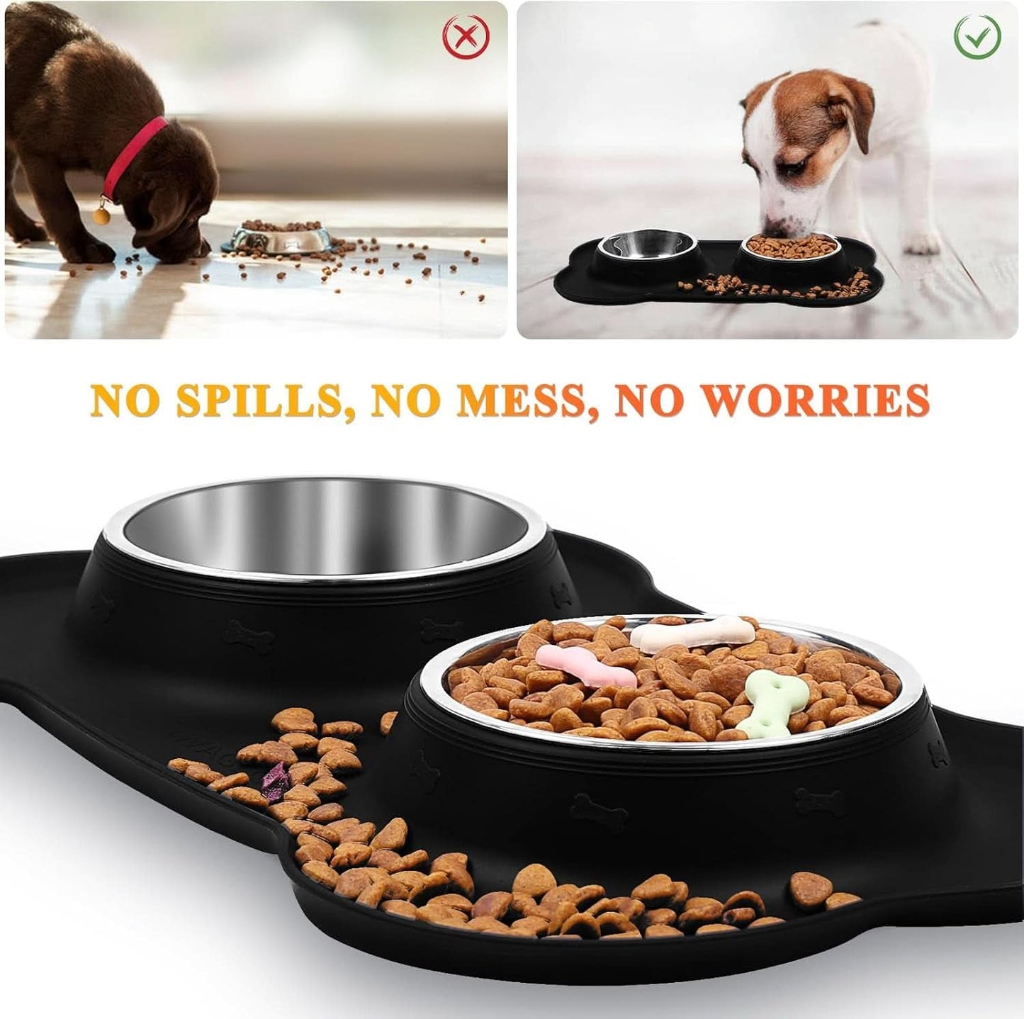Stainless Steel Dog and Cat Bowls with Non-Spill Skid-Resistant Silicone Mat, Large, Black