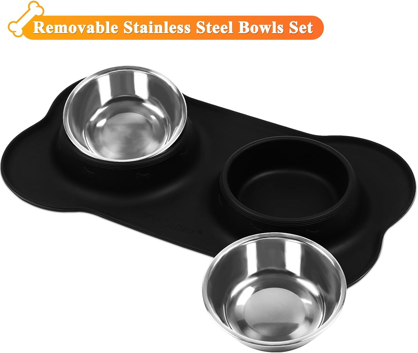 Stainless Steel Dog and Cat Bowls with Non-Spill Skid-Resistant Silicone Mat, Large, Black