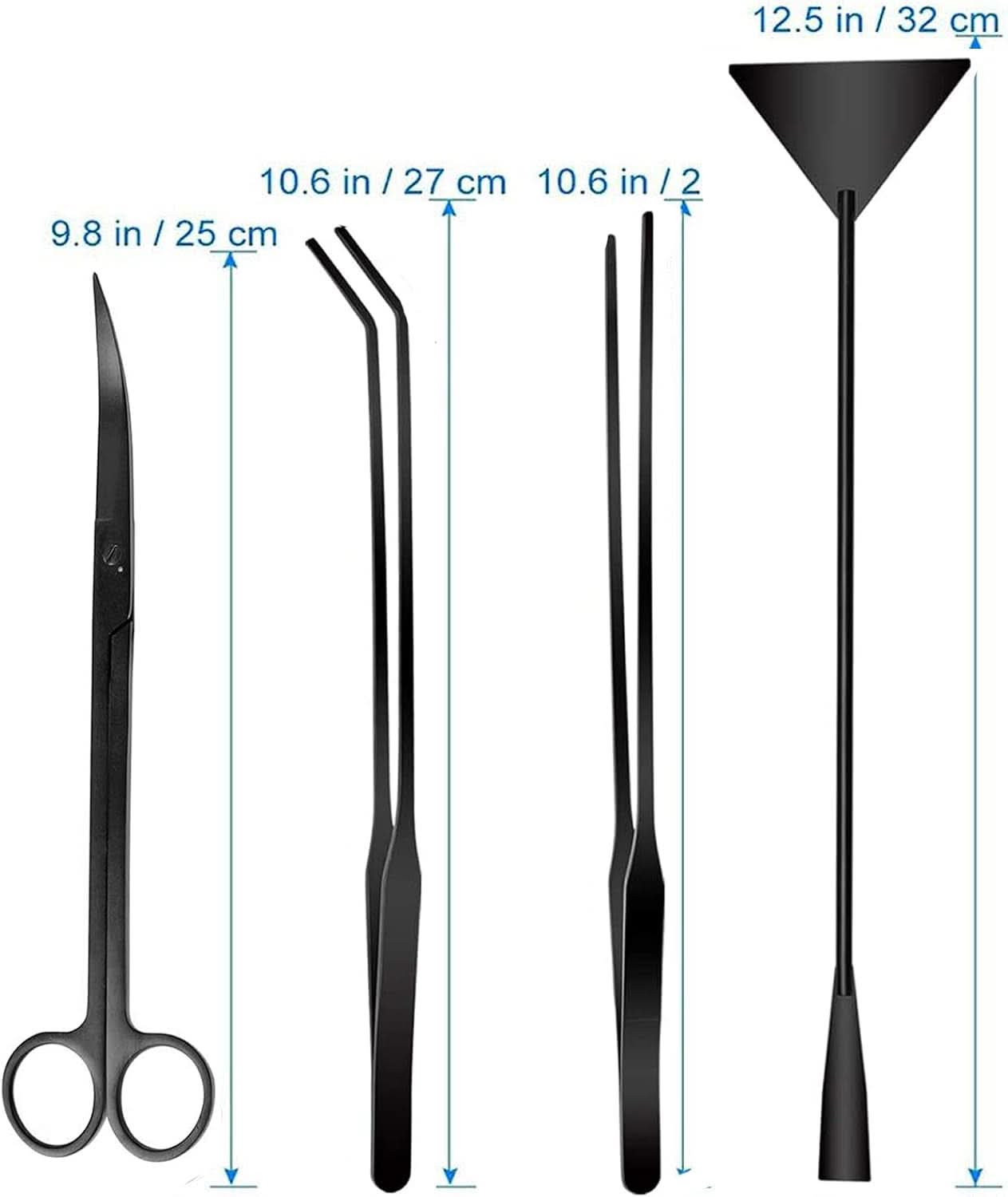 4-in-1 Stainless Steel Aquascaping Tool Set for Aquatic Plants - Scissors, Tweezers, and Spatula for Aquarium Starter Kits (Black)