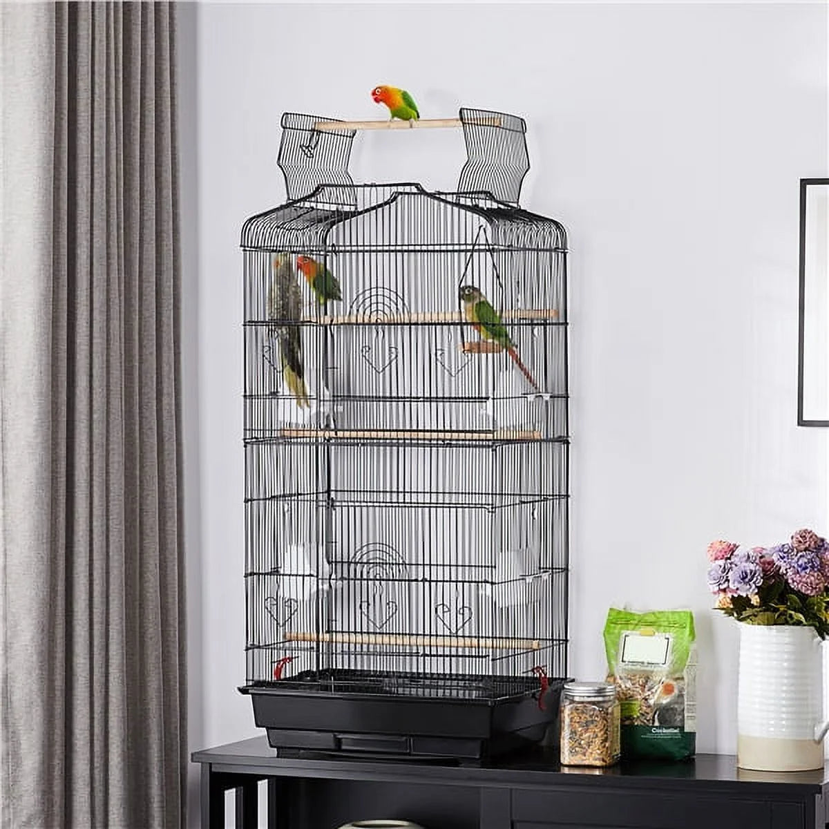 41" Four Feeders Double-Door Metal Birdcage with Slide-Out Tray, Black
