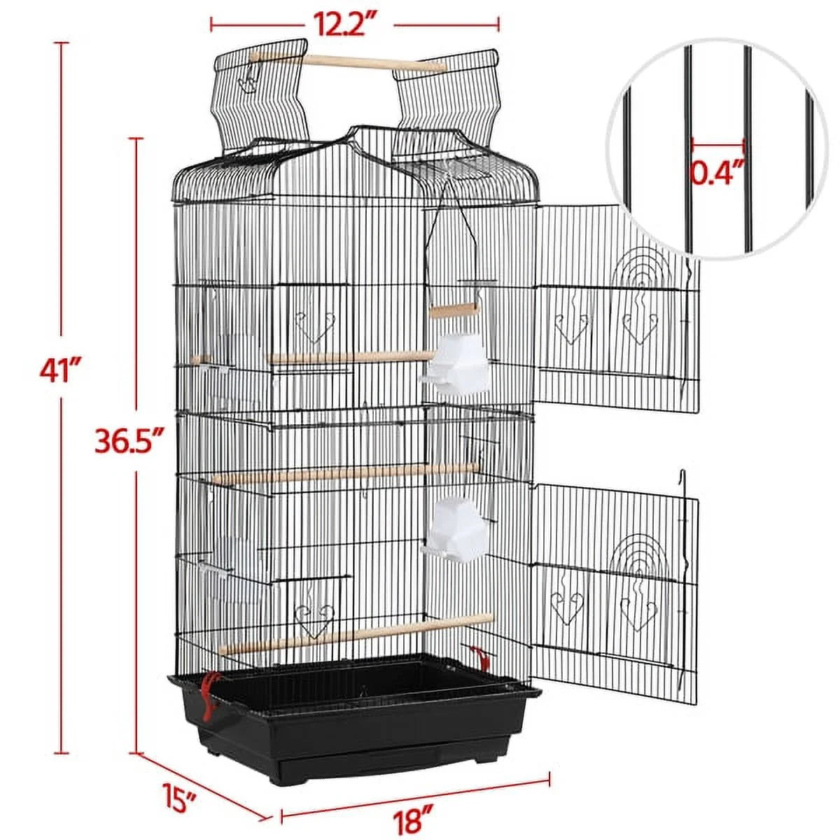 41" Four Feeders Double-Door Metal Birdcage with Slide-Out Tray, Black