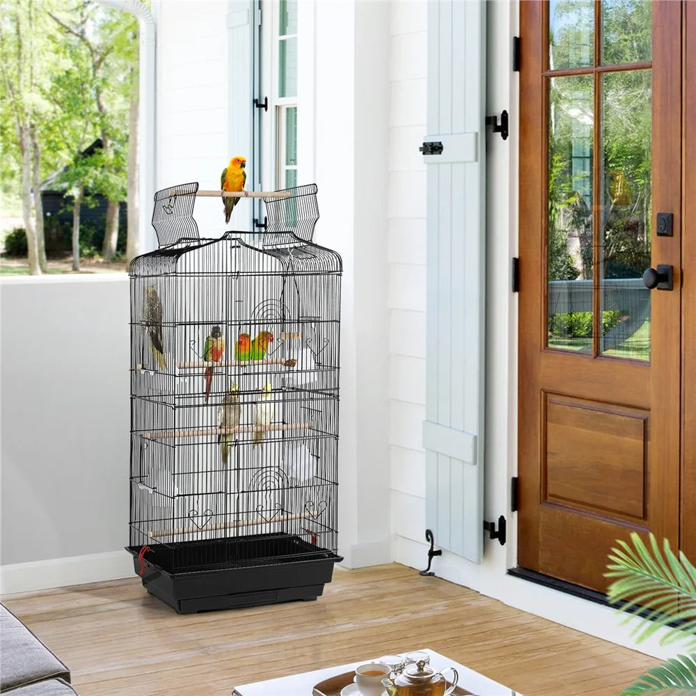 41'' H Open Top Metal Bird Cage with Four Feeders, Black